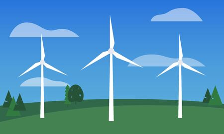 Flat vector design of three white wind turbines sitting on a field of green grass with abstract trees in the background. There are four fades white clouds in the blue sky.のイラスト素材