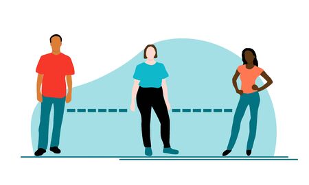 A brown man, a white plus sized woman and a black woman standing 6 feet apart to symbolize social distancing to fight coronavirus or covid-19. Diverse vector is a flat design with teal blob backgroundのイラスト素材
