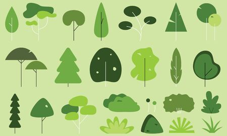 Icon set made up off different trees, shrubs and bushes. The vectors are a flat line art style. Trees and shrubs are various shades of green. Can be used separately to create nature images.のイラスト素材