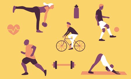 Active lifestyle flat vector set with workout icons including man running, riding bicycle and juggling football and woman lifting weights and doing yogaのイラスト素材