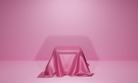 3D rendering template of an empty square table or pedestal with glossy, pink tablecloth draped over in a lit, blank, pink room. Great as mock up for displays, advertising, promotions and exhibitions.の写真素材
