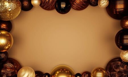 3D rendering of frame or border made of gold and brown balls with textures around a blank gold background with empty copy space for text or images. Great as elegant backdrops, promotions, advertising.の写真素材