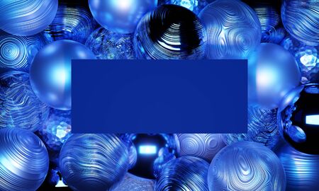 3D rendering of blue, rounds, shiny, metallic balls or baubles with patterns and reflections in background forming a frame with a blank text box with copy space. Great for backdrops and promotions.の写真素材