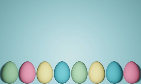3D rendering of a row of eight green, pink, yellow and blue eggs against a light blue background. Illustration is great for Easter banners, backdrops and poster with copy space with room for text.の写真素材