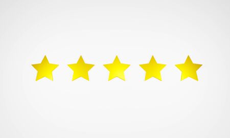 3D rendering of five shiny, glossy gold stars isolated against a white background. Illustration represents a perfect rating, ranking, accomplishment, satisfaction, reputation or quality score.の写真素材