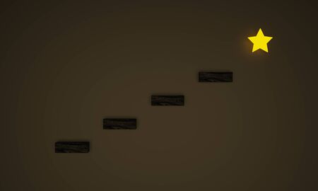 3D rendering of concept of steps to success with black wooden blocks forming stairs leading a shining star against dark background with yellow glow. Great for growth, motivation or achievement banner.の写真素材