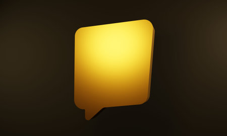 3D rendering of shiny, glossy, gold chat or speech bubble or balloon against a dark background with golden light. Great for message backdrops, promotions, banners, icons, advertising and communicationの写真素材