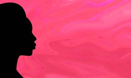 Black silhouette of woman with African features on left side of a blank pink background with painted, swirl effect and copy space for text. Great for beauty banners, posters, flyers and promotions.の写真素材