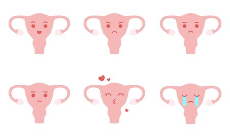 Set of cute, funny vectors of abstract female reproductive system cartoon characters with happy, sad, crying, kissing, angry and blank faces. Great for female health, diseases, periods and emotions.のイラスト素材