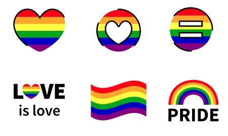 Vector illustration of pride symbol set isolated against white background. Collection includes hearts, equal sign, flag, rainbow and love is love. Great for pride week stickers, banners and promotionsのイラスト素材