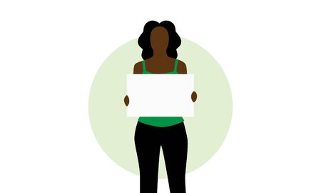 Black woman with curly hair holding blank sign with copy space with room for text. Girl is standing against green circle and isolated against white background. Great for notices, protests and banners.のイラスト素材