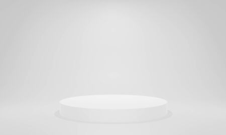 3D rendering of blank, circular, flat podium or pedestal against a lit, white background in a showroom. Great template for exhibitions, product showcases, presentations, advertising and promotions.の写真素材