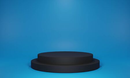 3D rendering of two blank, layered, black, round display podium or surface. Illustration has blue background with studio lighting. Great template for exhibitions, product showcases and advertising.の写真素材