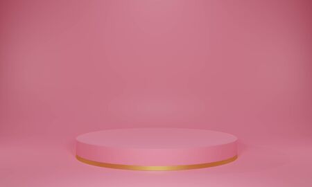 3D rendering of empty, blank, flat, circular pink and gold surface, display podium or pedestal against studio background. Great template for exhibitions, product showcases, advertising and promotions.の写真素材