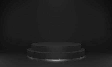 3D rendering of empty, blank, circular two tier display podium or pedestal in black and silver with lighting against a dark background. Great template for exhibitions, product showcases, advertising.の写真素材