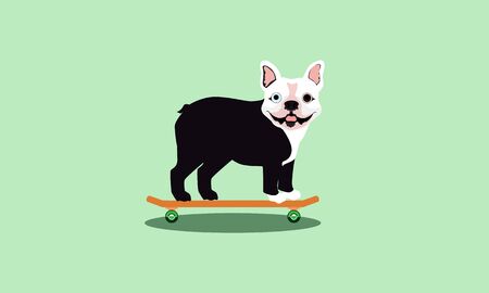 Happy, small, black and white bulldog with pointed ears and one blue and one brown eye standing on an orange skateboard with green wheels and a shadow beneath while smile isolated on green backgroundのイラスト素材