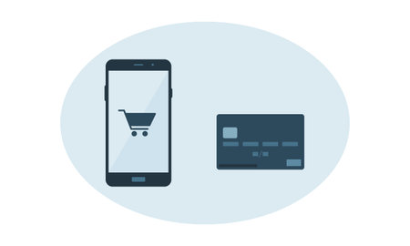 Vector of a smartphone with a checkout symbol or shopping cart on the screen next to a credit card. Illustration shows an online or app purchase being made on a cell phone isolated against background.のイラスト素材