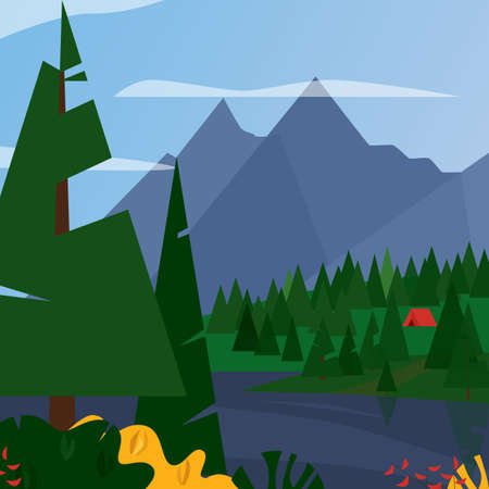 Vector illustration of landscape scenery with green trees, plants with red and yellow, a river or lake and a campsite with a tent. Tall mountains stand in the background touching the clouds and sky,のイラスト素材