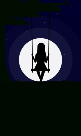 Vector of black silhouette of woman or girl sitting alone on swing attached to tree look at bright moon and stars in night sky. Illustration has blank copy space with room for text.のイラスト素材