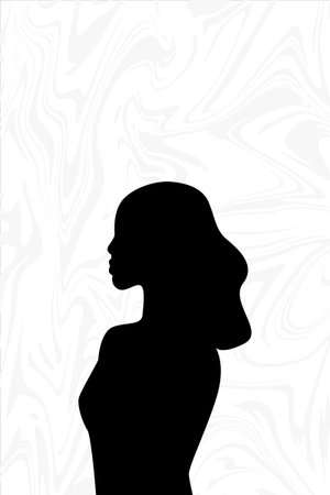 Black silhouette of side view of woman standing alone with wavy hair against a white background with swirly marble or fluid effect. Illustration has blank copy space with room for text.の写真素材