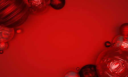 Red background with 3D rendering of shiny balls or baubles with patterns as frame or border around...