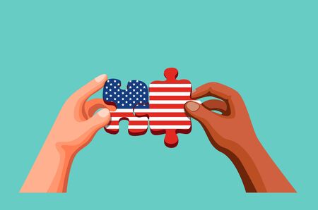 Two People Hand holding and joining  Puzzle with American Flag Symbol for USA Independence Day and Diversity Cultural. Concept in Cartoon Illustration Vectorのイラスト素材