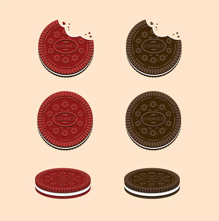 Cookies sandwich cream in Chocolate and Red Velvet flavour. snack collection icon set in cartoon flat illustration vectorのイラスト素材