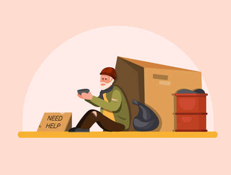 Homeless people need help, poor old man sitting in street waiting people to help. cartoon flat illustration vectorのイラスト素材