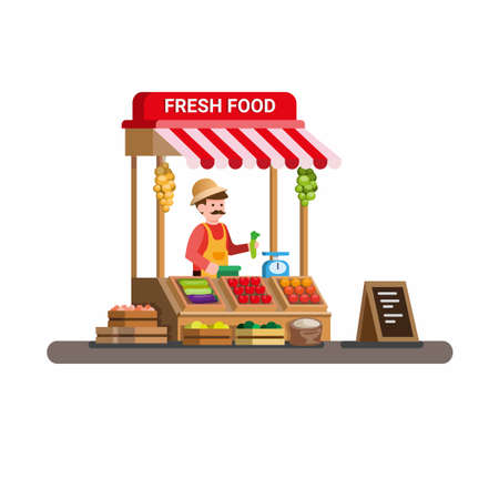 man selling fresh vegetable and fruit in traditional wooden market food stall. cartoon flat illustration vector isolated in white backgroundのイラスト素材