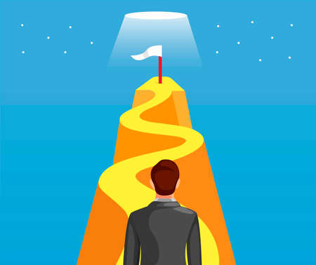 Business man walk or climbing hill to reach goal with flag symbol for success. business development leadership management concept in cartoon illustration vectorのイラスト素材