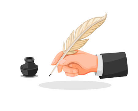 Hand Holding Feather Pen and Ink Well symbol icon set in Cartoon Illustration Vector isolated in White Backgroundのイラスト素材
