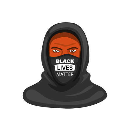 man wear hoodie with typography black lives matter symbol in face mask. cartoon illustration vector on white backgroundのイラスト素材