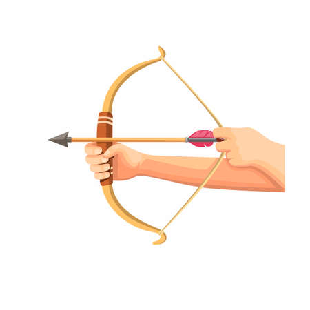 Bow Arrow Aiming Ready to Shooting Target. Traditional Wooden Bow Archery sport in Cartoon illustration Vectorのイラスト素材