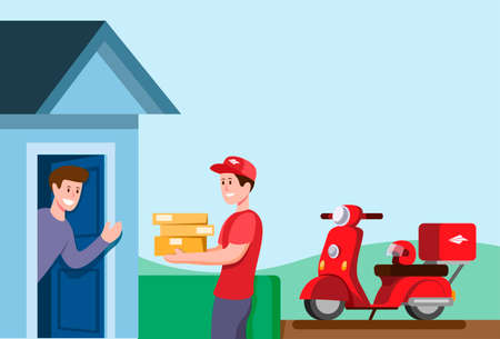 courier boy delivery package to customer using motorbike in cartoon flat illustration vectorのイラスト素材
