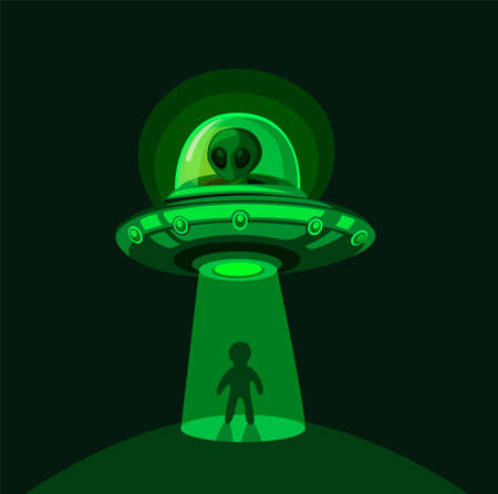 Alien Invasion on Earth. Flying Ufo Abduction with light beam at Night Scene Concept in Comic Cartoon illustration Vectorのイラスト素材