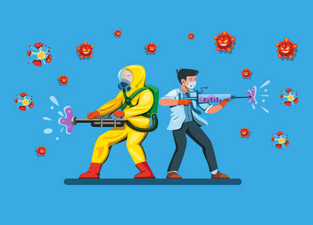 Doctor with man wear hazmat suit fight and destroy bacteria virus use disinfectant and syringe as weapon in comic cartoon flat illustration vectorのイラスト素材