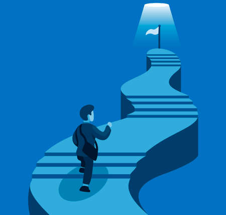 Business man climbing stair to goal. business career development in cartoon illustration vectorのイラスト素材