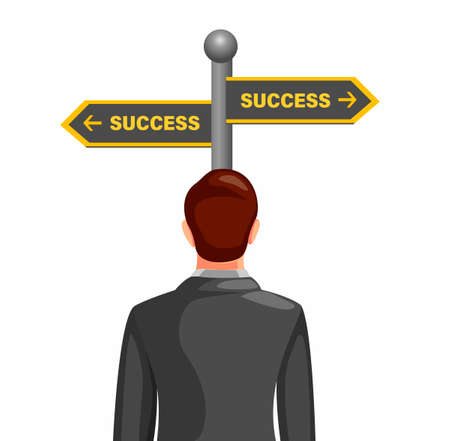 business man confusing choosing way to success with road street board. business management concept in cartoon illustration vector on white backgroundのイラスト素材