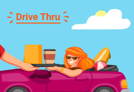 Woman take order in drive thru restorant with driving car in summer holiday in cartoon illustration vectorのイラスト素材