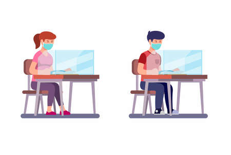 Boy and Girl Sitting and Study Wear Face Mask with Plastic Screen Divider in desk, New Normal Activities Student at School after Pandemic in Cartoon Illustration Vector on White Backgroundのイラスト素材