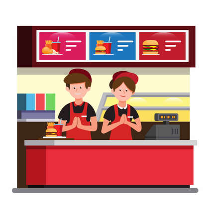 fast food cashier counter, man and woman wear uniform work in burger restaurant in cartoon flat illustration vectorのイラスト素材