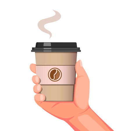 Hand holding disposable coffee cup symbol for coffee drink cafe product in cartoon realistic illustration vector isolated in white backgroundのイラスト素材
