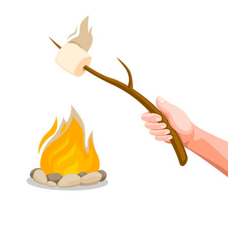 Hand holding Marshmallow Roasting on Bonfire. Concept Cartoon illustration vector isolated in white backgroundのイラスト素材