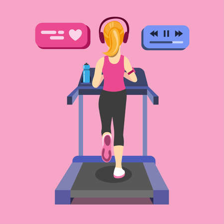 young woman running on treadmill. from back view with modern sport equipment, sports water bottle. Cartoon Flat Vector illustration.のイラスト素材
