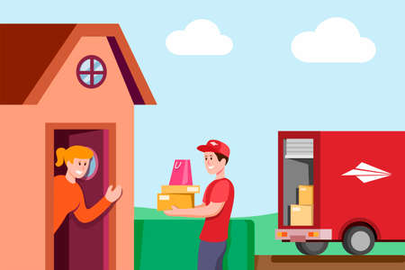 Courier deliver package to customer in home village with truck, courier delivery service express concept in cartoon flat illustration vectorのイラスト素材