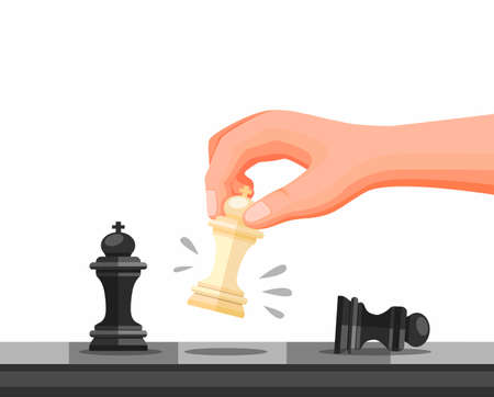 Hand Holding Chess Piece, Chess Strategy Game Checkmate Symbol. Concept in Cartoon illustration Vector isolated in white Backgroundのイラスト素材