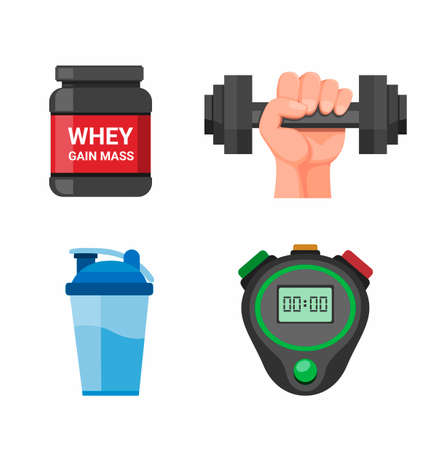 Gym symbol equipment,sport equipment gain mass supplement, digital stopwatch and dumbbell in cartoon flat illustration collection set vector in white backgroundのイラスト素材