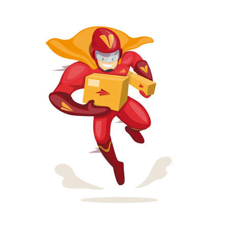 character of superhero mascot carrying package for courier express delivery company in cartoon flat illustration vector isolated in white backgroundのイラスト素材