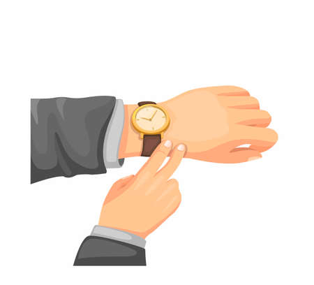 Hand Check Wristwatch. Office Man Checking to Time in Business. Concept illustration in Cartoon style isolated on White Backroundのイラスト素材