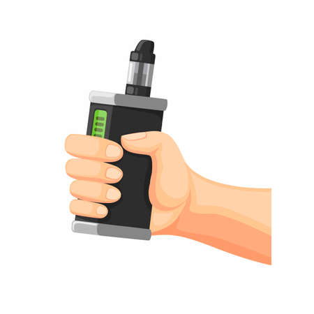 Hand holding Vape or E-Cigarette. Vaporizer Symbol in Cartoon illustration Vector on white backgroundのイラスト素材